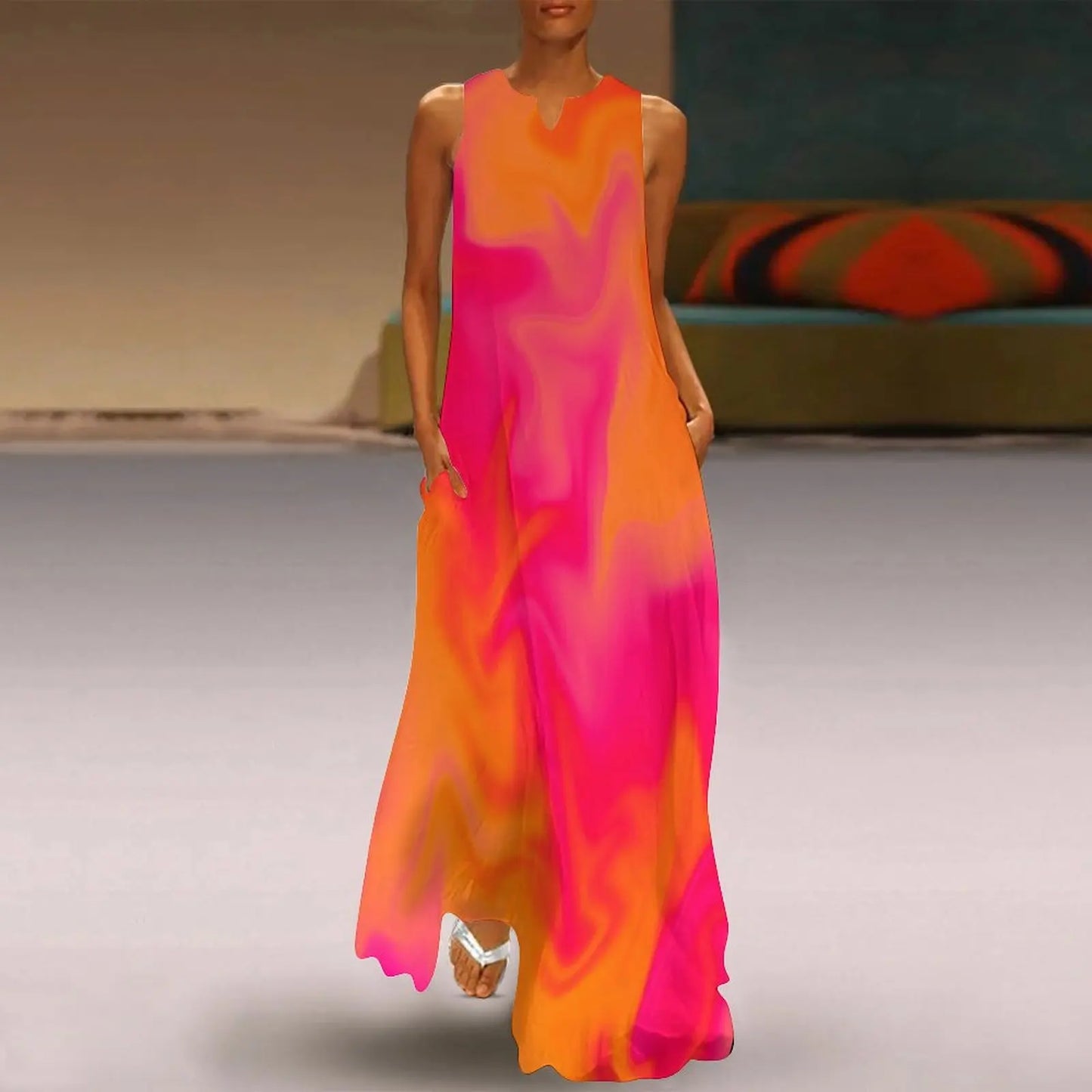 Pink, Orange, and Red Marble Fusion Design Long Dress Woman clothing Long veiled dresses Women's summer dresses Dress