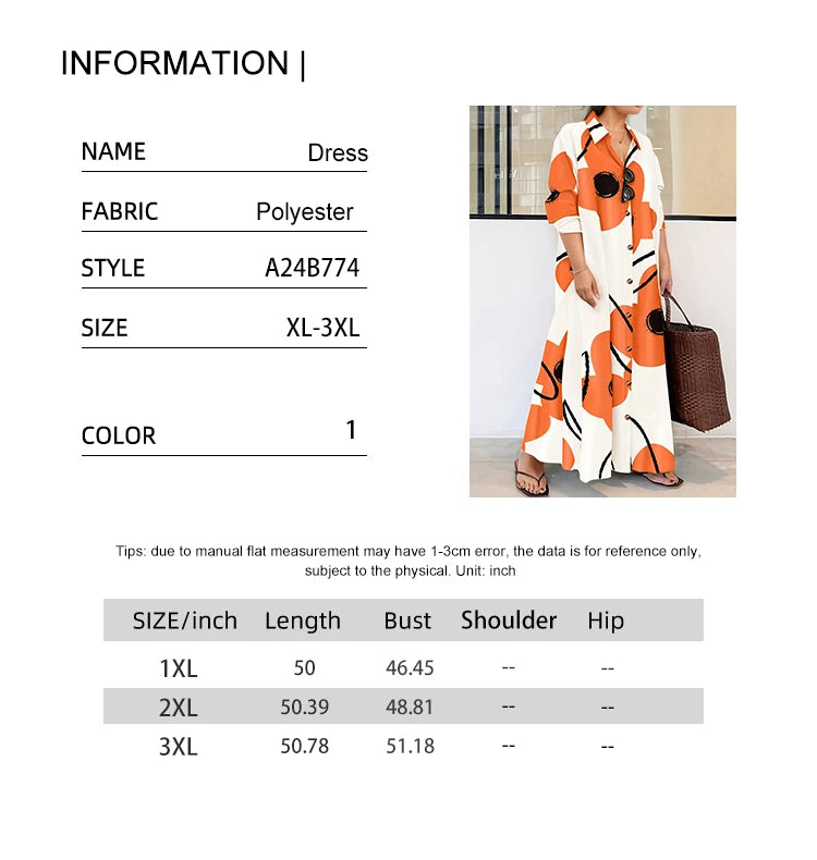 Plus Size Women's Long Sleeve Casual Extra Long Dress with Front Buttons, Random Printing, Plus Size Women's