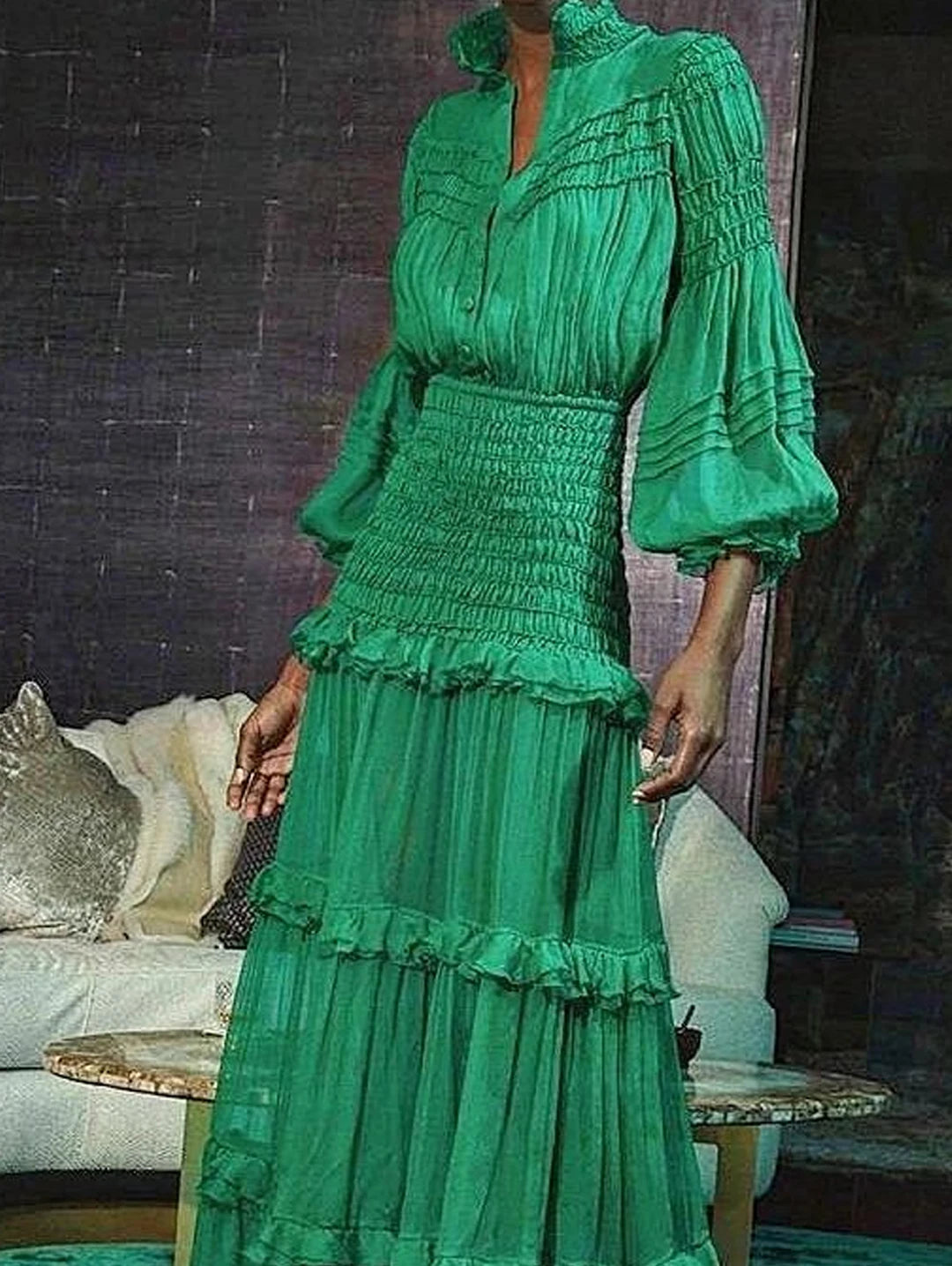 Elegant Long Dress Women Autumn Stand Collar Lantern Sleeve Dress Female Ruffle Tiered Maxi Dress Solid Color Vestidos Femmes