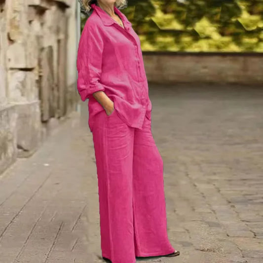 Linen Lapel Two Pieces Set Autumn Vintage Solid Color Long Sleeve Button Shirt Blouse Women Casual Loose Straight Pants Suits